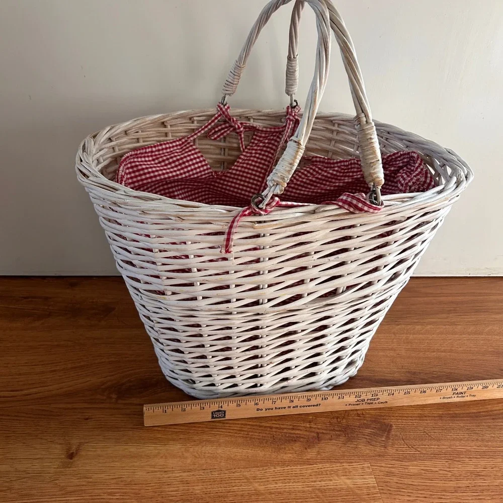 Whitewash Wicker Picnic Basket Red Gingham Liner Double Handle Farmhouse Storage